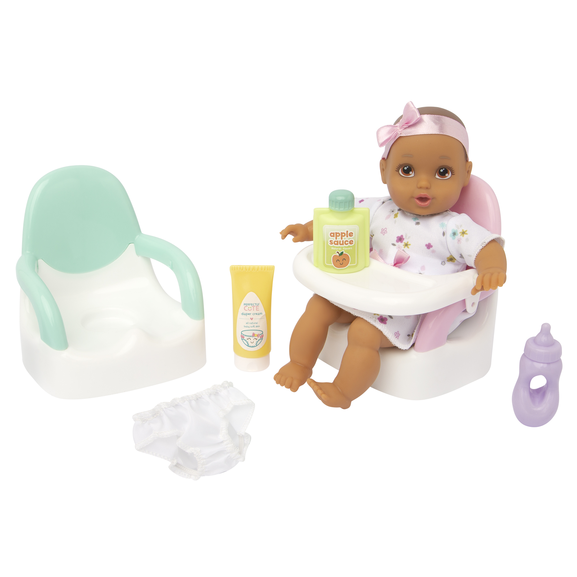 My Lil’ Baby Playsets 8” Dolls Feed & Go Playset Girl Doll Brunette w/ Brown Eyes 9-Pieces