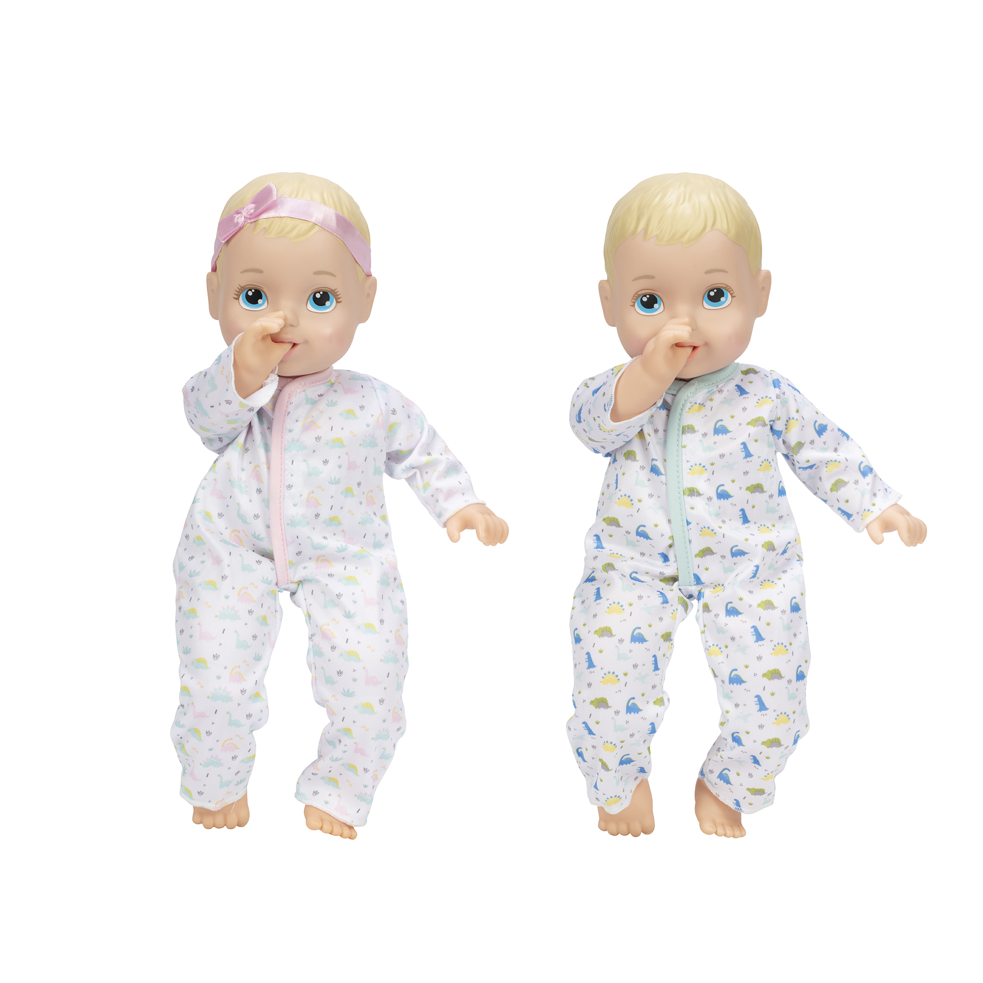 Your little one will adore doubling baby doll fun time with her very own set of Perfectly Cute 14" My Sweet Baby Doll TWINS! Dolls comes delightfully dressed in matching dinosaur printed onesies in two color ways. Each My Sweet Baby twin features a soft & cuddly body with easy-to-wipe-clean, durable hard plastic arms, legs, & head. Coordinating pacifiers, milk bottles, and pacifier clips also included! They're the identically sweet addition to every baby doll collection! Double the cuteness with matching twins! Each twin wears a matching set of dinosaur printed onesies Each twin comes with a matching milk bottle, pacifier, and pacifier clip Super soft & cuddly body Ideal for ages 2 & up Where To Buy