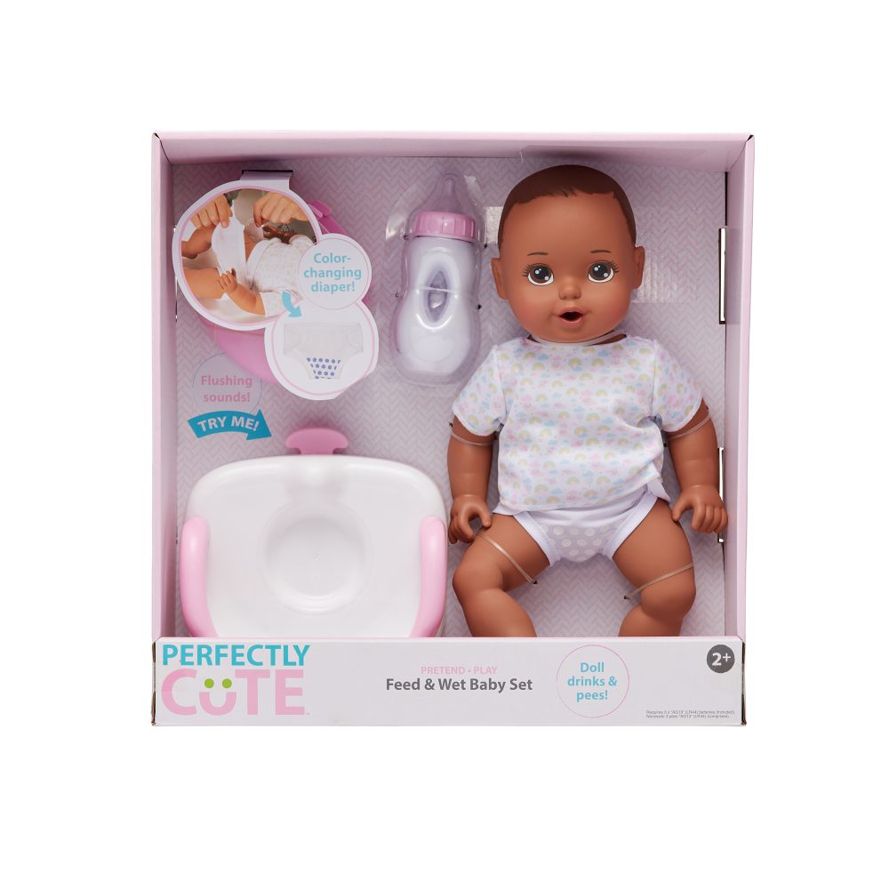 14” Feed & Wet w/ 14'-inch Dark Brunette Hair/Brown Eyes Baby Doll 3-pieces Makes Flushing Potty Sounds