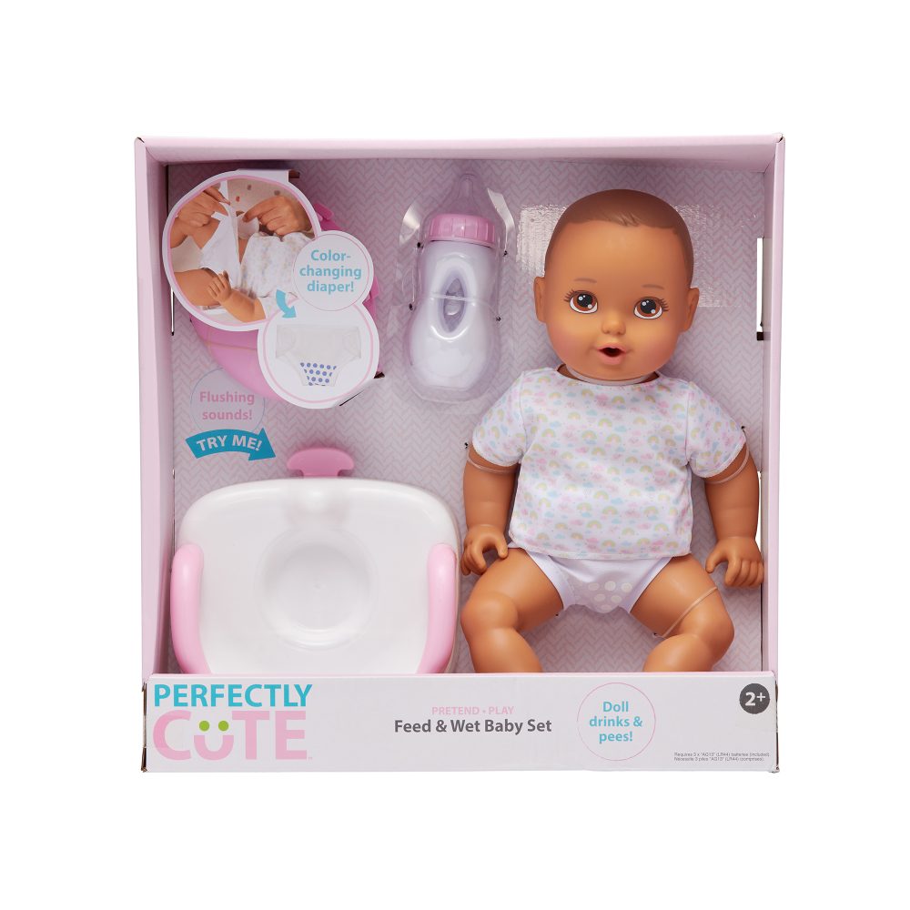 14" Feed & Wet w/ 14'-inch' Brunette Hair/Brown Eyes Baby Doll 3-pieces Makes Flushing Potty Sounds