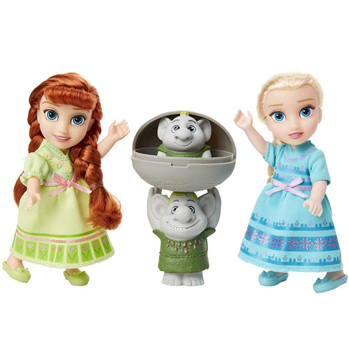 Disney Frozen Petite Anna & Elsa Dolls w/ Surprise Trolls Gift Set