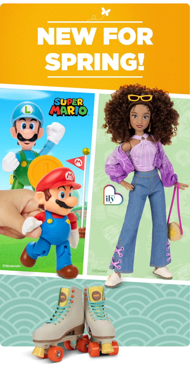 A banner reading "New for Spring" featuring Mario and Luigi, a pair of Gem Rollerskates, and a Disney ily4EVER fashion doll.